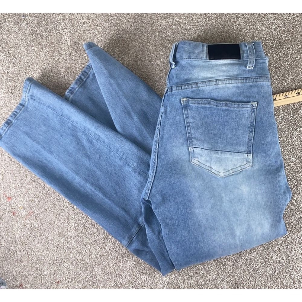 Smoke Rise Light Blue Faded Distressed Jeans Mens 34x30 Black Patch Skater Camp